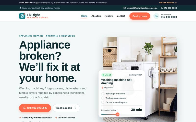 Preview of a website for appliance repairs