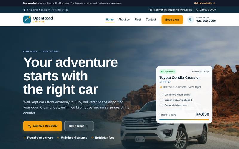 Preview of a website for car hire