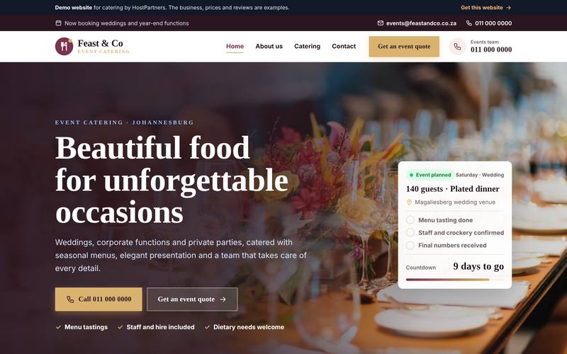 Preview of a website for catering