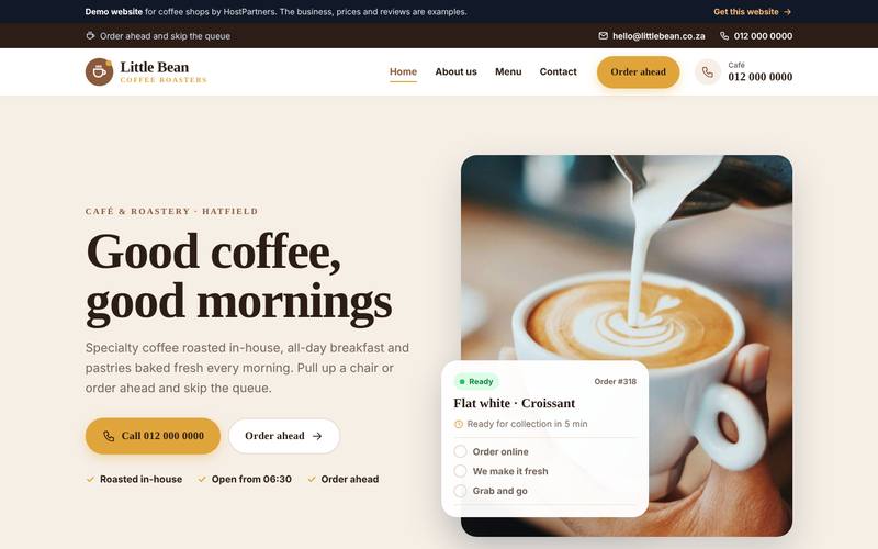 Preview of a website for coffee shops