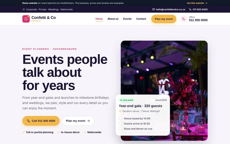 Preview of a website for event planners