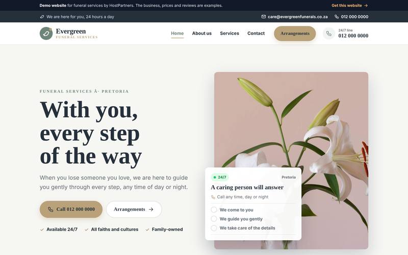 Preview of a website for funeral services