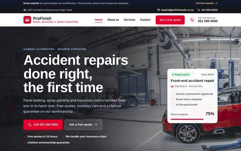 Preview of a website for panel beaters