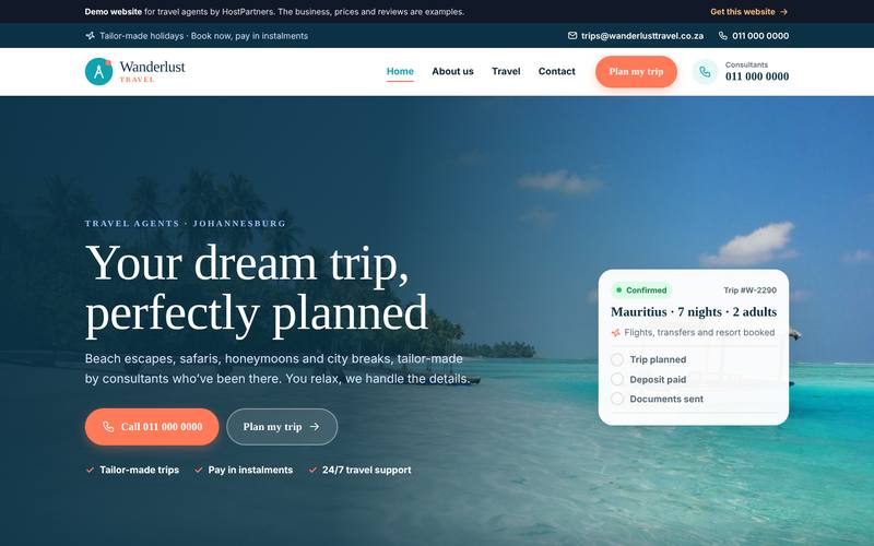 Preview of a website for travel agents