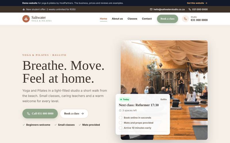 Preview of a website for yoga & pilates